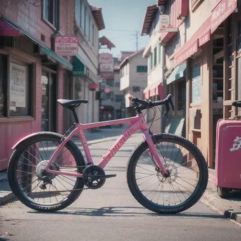 there is a pink bicycle that is parked on the side of the street, bicycle, grainy footage, still from a music video, music video, video still, cycling!!, color footage, bicycles, ah puch, screenshot from a movie, ((saturated))