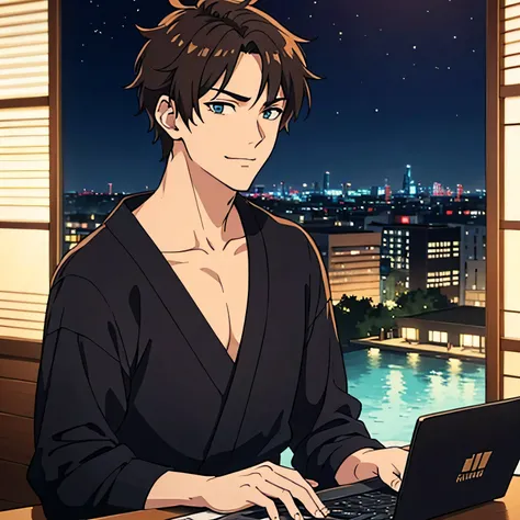 generate imate lofi, japanese anime style, , in a cafe, stunning interior, grand and spacious, at a corner there is a 21 year old male, very handsome, typing on the laptop computer, his eyes are directed to the computer, at night, dark, dim lighting, his h...