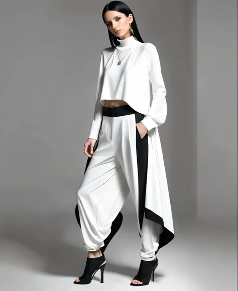 (nsfw:1.2), masterpiece, Best Quality, digital art, Generate an image of a modern and avant-garde fashion outfit. The outfit consists of a single piece that combines a loose, straight-line top and drop-crotch pants. The entire outfit is predominantly white...