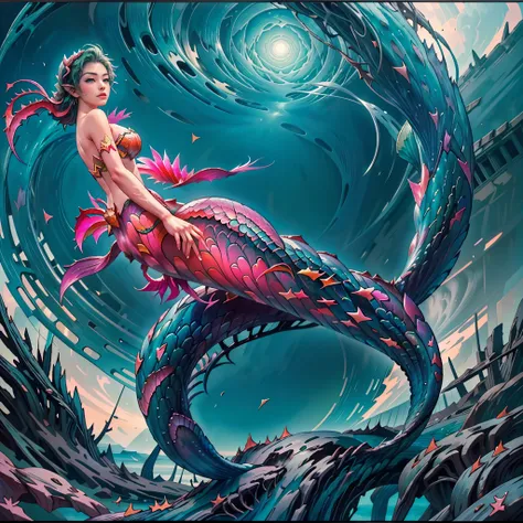 (A young and extremely beautiful mermaid:1.9)、Waterfall climbing、(Ukiyo-e:1.2)、woodblock print、otherscape、elegant、(highest quality、4k、8k、High resolution、masterpiece:1.2)、Super detailed、(Realistic、Realistic、Photorealistic:1.37)、Intricate details、Beautiful d...