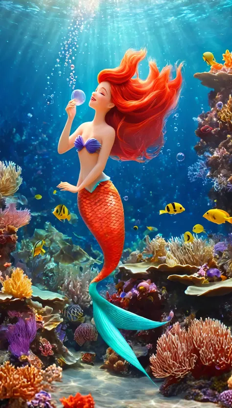 The mermaid singing with her head raised and eyes closed，Full body portrait，Sitting on coral，Beautiful fish tail，Red Hair，Bubbles，Gorgeous coral world under the sea，ray casting