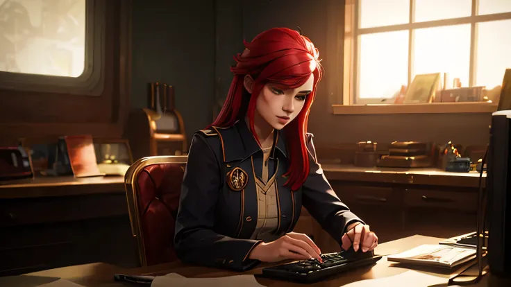 A girl with long hair red hair, sitting on the computer playing , extremely detailed face , photorealistic, 4k, high quality, cinematic lighting, warm colour tones, vibrant colours, dynamic composition, depth of field, dramatic atmosphere