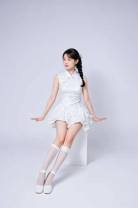 there is a woman sitting on a chair with her legs crossed, full body xianxia, in white clothes, cheongsam, full body cute young lady, asian woman made from origami, chinese girl, white background : 3, sitting pose, nico wearing a white dress, white polygon...