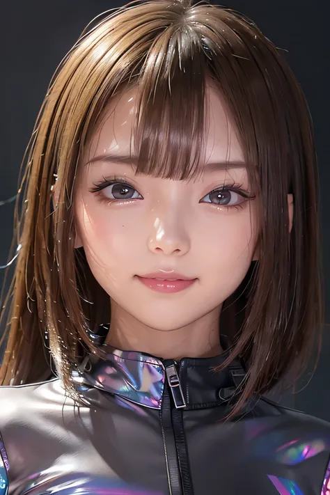 (masterpiece, highest quality, Very detailed, Detailed face, 8k)、smile、One Girl,, , ((( Iridescent opaque jacket:1.3, , Holographic:1.23))), , Extremely detailed clarity, (Symmetrical eyes:1.3), , , , , ,, Parted bangs, , , (Eye and facial details:1.0), , ...