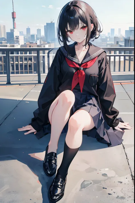 "anime girl, 1 person, black hair, slightly shoulder-length hair, red eyes, a small strand of hair on top of her head, womens shirt, wearing a womens jacket over it, school uniform  , small breasts, leather shoes, expressionless face, cold face, viewed fro...