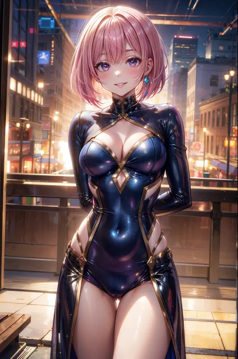 4 defined fingers, 1 defined thumb, looking at viewer, solo, 1 woman, 25 years old, AI generated, highest quality, masterpiece, perfect face, 8k , cowboy shot, short hair, (pink hair1.5), bob cut, black eye, (smile), thin thighs, medium breasts, perfect li...