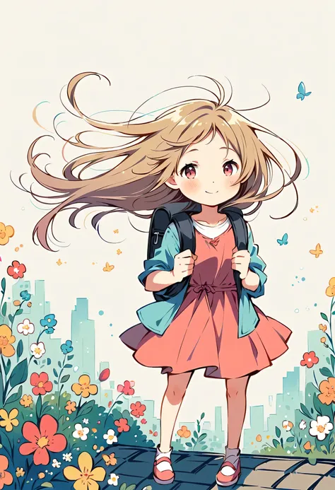 Momoko Sakura style, Standing on the roof，Girl with backpack on rooftop，My backpack is full of happy spring，Simple Line Initialism，Abstract art，Urban Background