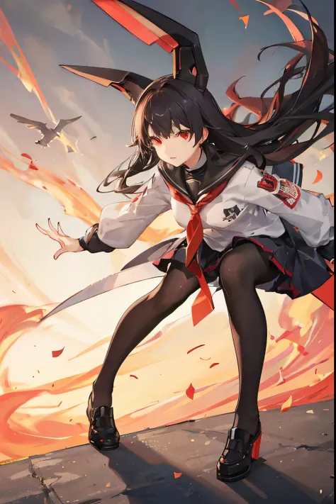 "anime girl, 1 person, black hair, slightly shoulder-length hair, red eyes, a small strand of hair on top of her head, womens shirt, wearing a womens jacket over it, school uniform ,petite body , small breasts, leather shoes, expressionless face, cold face...