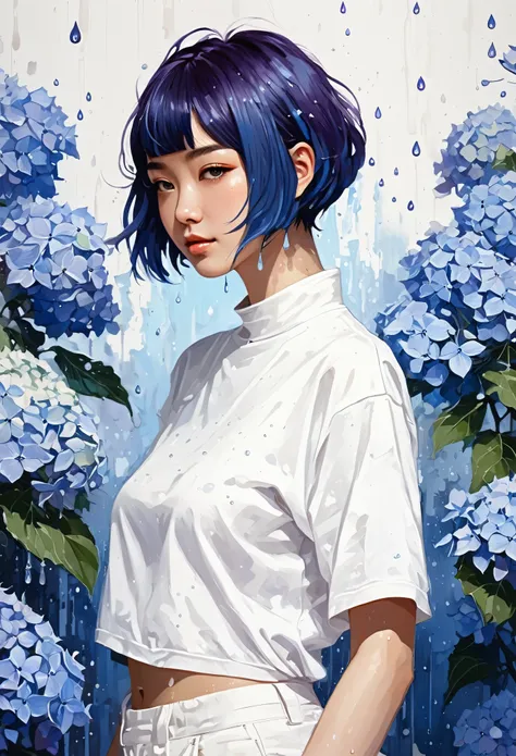 Acrylic painting of a Japanese girl donning a white t-shirt, blending techniques with elements reminiscent of Genshin Impact, showcased with a medley of palette knife and brush strokes, trending on Pixiv Fanbox, high-key palette, soft yet defined. A detail...