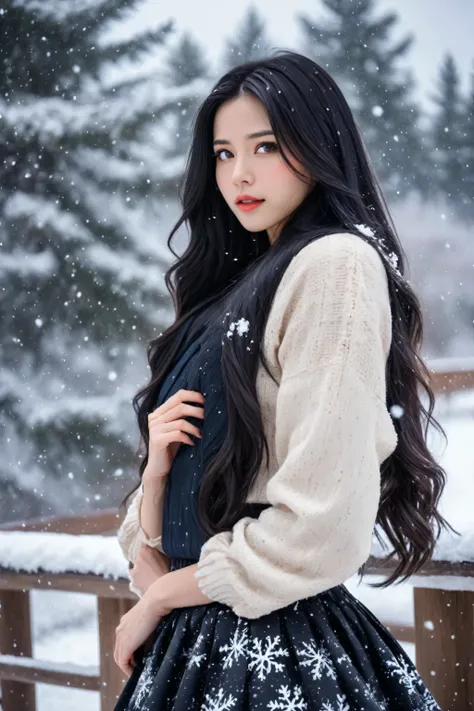 Portrait photography，beautiful girl，Long black hair，Gorgeous skirt，Snow Scene，Snow，snow，outdoor，(RAW photos，Best quality)，(reality，Photo reality:1.3)，masterpiece，
Extremely precise and beautiful，high resolution，Original，perfect photo，(Extremely detailed CG...