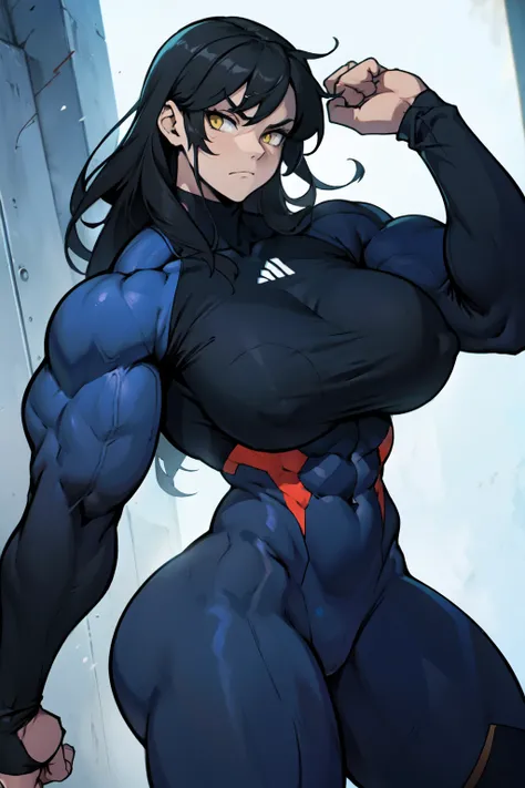 huge muscles huge breasts huge thighs pale skin black hair yellow eyes very long hair muscular girl sad frown expressionless skintight