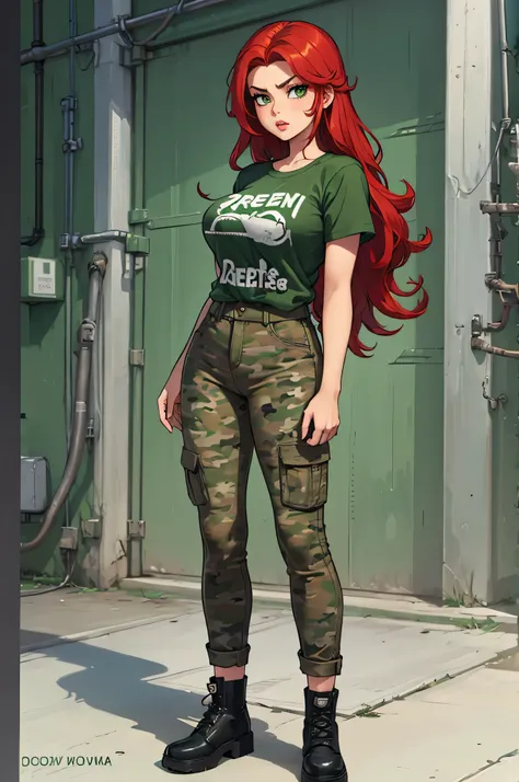 green solid background, 1 woman, best quality, ultra high res, long hair, red hair, full lips, green eyes, camo pants, olive t-shirt, short sleeves, mad at viewers, double D breast, standing, full body