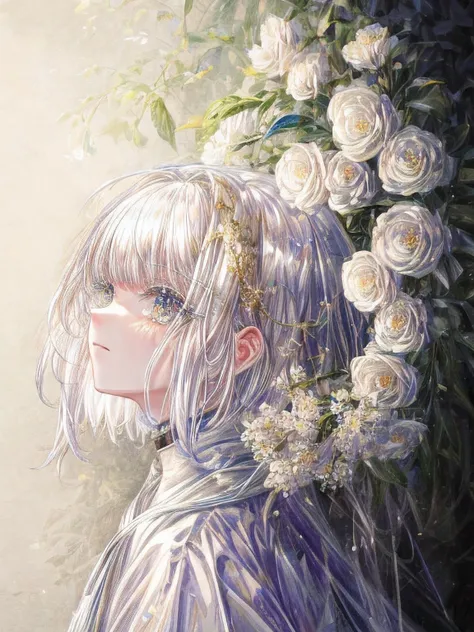 White hair，gold，leaf，flowers,brillant,Soft brushstrokes，Aesthetic，masterpiece,mirrow