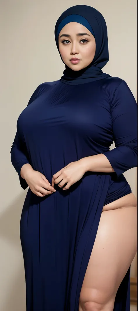 Chubby woman with fat belly and tight thighs, full body, 50-year-old mature woman, thick hips, thick neck, thick chest, big eyes, wearing a longest dress, wearing a hijab, hijabi woman, Chubby woman with fat belly and tight thighs, full naked body , 50-yea...