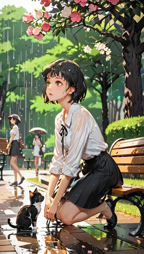 paper cutting style, 1 girl, black short hair, wearing white shirts and black skirt, Under

The girl is at a park bench, gently placing the kitten down and starting to walk away. The kitten is looking up at her, confused and sad. The rain has stopped, but ...