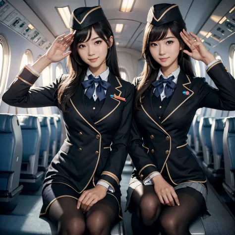 (best quality, masterpiece:1.5), (ultra-detailed, realistic:1.37),4K,(2girls:1.5),japanese,cute,beautiful,(stewardess:1.3),(tight skirt),flight cap,(black pantyhose:1.2),smile,