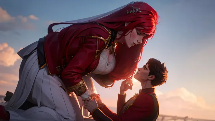 A boy   on his knees proposing to a girl with longhair. red hair, the boy has a wedding ring in his hands, romantic scene, detailed facial features, beautiful couple, warm lighting, soft focus, high quality, photorealistic, digital art, a masterpiece. 4k. ...