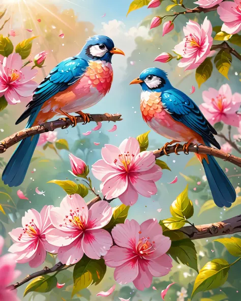 two lucky birds standing on a pink flower branch