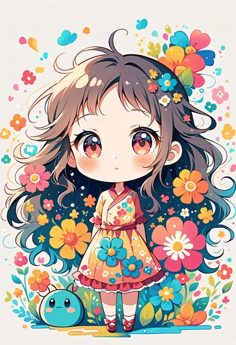 Momoko Sakura style,  (((The most beautiful girl))), (((chibi)))，colorful flowers, Cute and colorful pillbugs、Simple Line Initialism，Abstract art，Urban Background