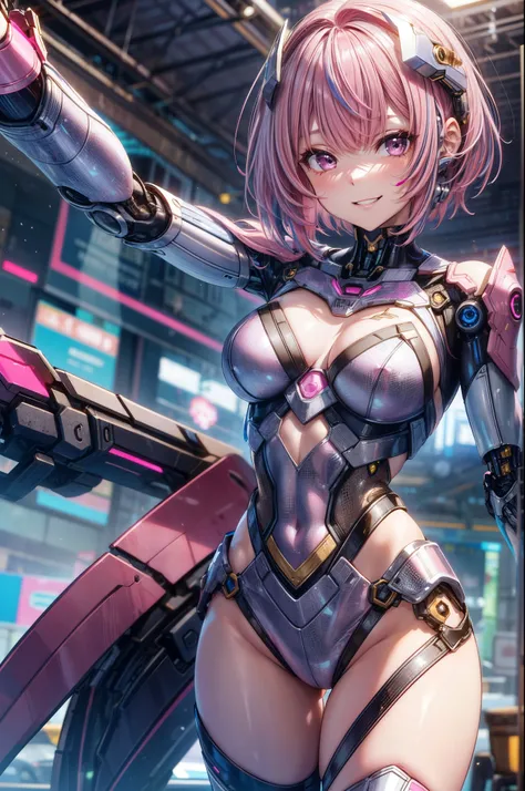 ((Cyborg woman)), ((silver robot body1.5)), 1 defined thumb, looking at viewer, solo, 1 woman, 25 years old, AI generated, highest quality, masterpiece, perfect face, 8k , cowboy shot, short hair, ((pink hair:1.5)), bob cut, black eye, (smile), thin thighs...