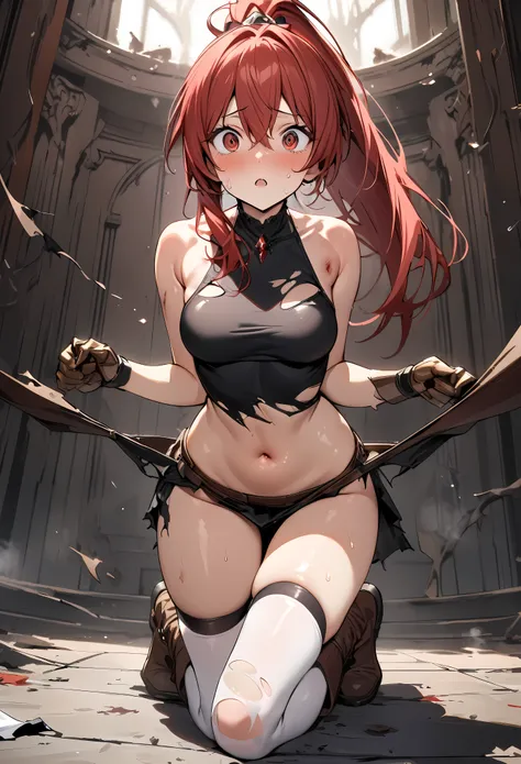 ((masterpiece, highest quality:1.3)),Thief、Invaded the mansion、cowboy shot,25 year old beauty,solo,((very small head)),red hair,ponytail hair,long hair,red eyes,blunt,skinny,medium breasts,((long body)),slender body,skinny,shiny skin,oily skin,Surprised、Lo...