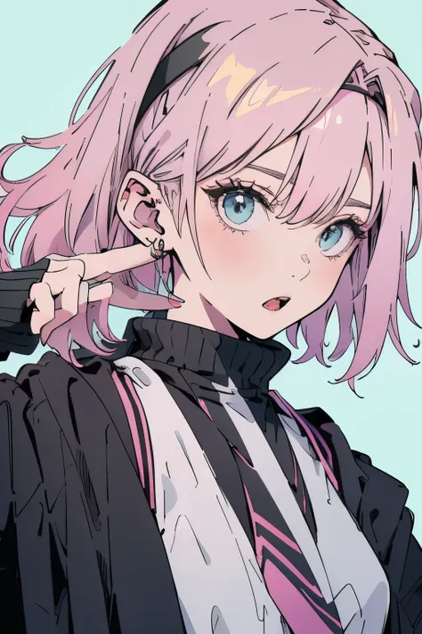 pink hair，black clothes，white background，facing right front，surprised expression，with a headband，double tail