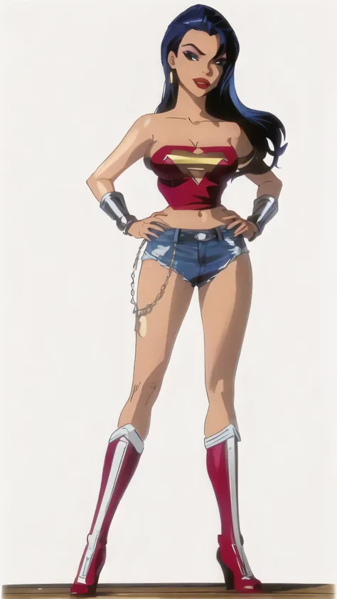 dc comics, mujer Maravilla, primer plano de cuerpo completo, figura de proporciones heroicas, primer plano medio, pechos grandes, Cuerpo completo, cuerpo voluptuoso, shorts jeans, pantalones cortos sexys, piernas gordas sexys, hot pants, manos en la cintur...