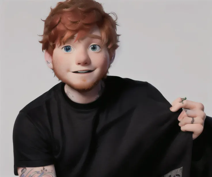 ed sheeran with red hair and tattoos holding a black blanket, ed sheeran, he is wearing a black t-shirt, masterpiece work of art, solo photoshoot, uhq scan, photoshoot, fan art, promo shoot, hq scan, official photo, promo shot, magazine photoshoot, photo s...