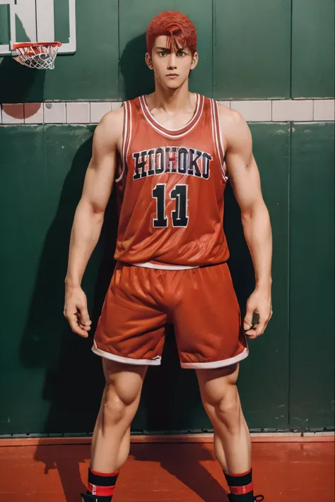 Hanamichi Sakuragi，Red hair clothing，Basketball Court，Photos during exercise，Red basketball jersey，Red shorts，male，Muscle tissue，Basketball ball，White Socks，sports shoes，Rich facial details when standing（（Crotch is raised））