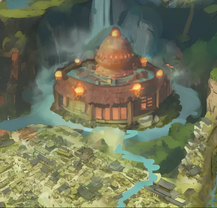 tower coming out of lake, windows, dome, lights, detailed, anime