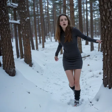 [Masterpiece, Best Quality, Russian woman 62 years old running through the forest through snowdrifts, bare footed, sage-hood, brunette Kinky, Medium-length hair without styling, Snow on wet hair, torn, Dirty, red Bloodstained Short Long Sleeve Dress, Brace...