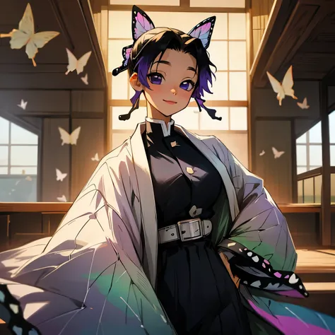 shinobu kochou, animal print, black hair, butterfly hair ornament, butterfly print, forehead, gradient hair, hair ornament, haori, multicolored hair, parted bangs, purple hair, short hair, two-tone hair, belt, black pants, butterfly print, coat, demon slay...