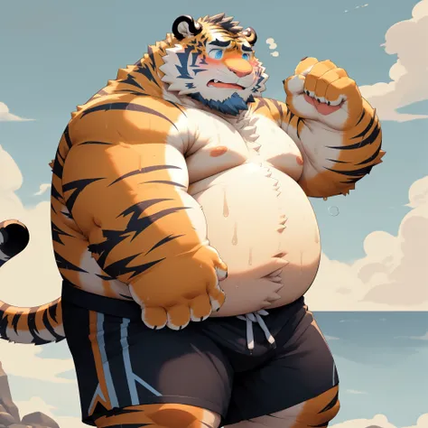 New Jersey 5 Furry,Tiger,Solitary,Chubby,Fat,Thick arms,Rugged muscles,shorts,orange Plush fur,Chubby Face,Black eyebrows,Sky blue eyes,Beard,(topless,shorts),(blush),(Sweating),Raise your arms high