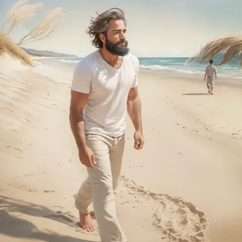 Create an image of a 38-year-old man with a beard, lying on the sand of a beach. The camera angle should be from the feet, focusing on the upper body in a medium shot. The scene should resemble a movie scene, with the man wearing white pants.

Details:

Ph...