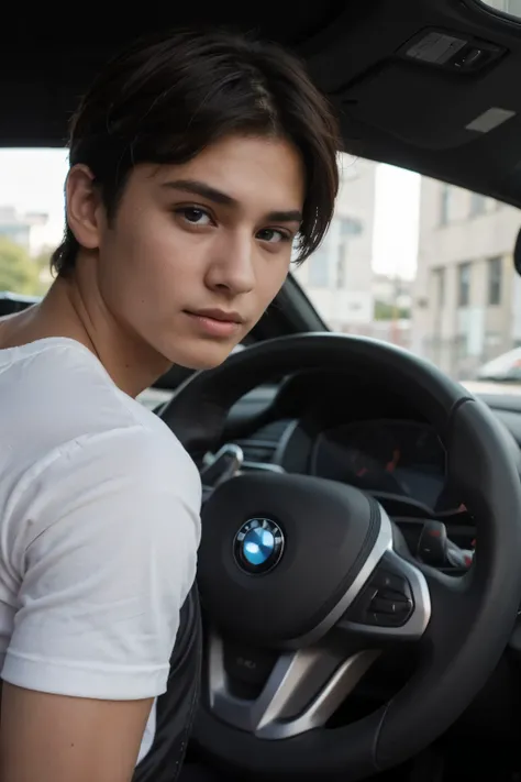 A boy with handsome face looks and black eyes also rich and cute with bmw car same boy again 