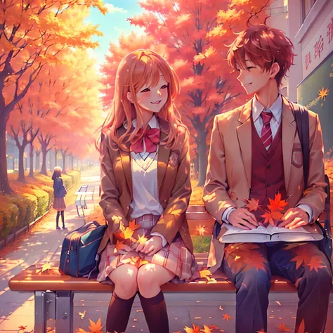 anime image of a couple of people sitting on a bench, beautiful anime art style, 🍁 cute, beautiful anime, cute anime, during autumn, beautiful anime art, 🍂 cute, beautiful anime scene, in the autumn, by Eizan Kikukawa, beautiful anime artwork, anime pictur...