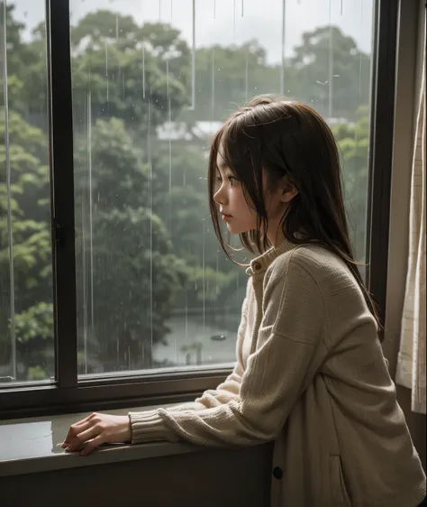 A girl looking at the rainy scenery from the window in her room、I hope the rain stops soon.。A little melancholy look。