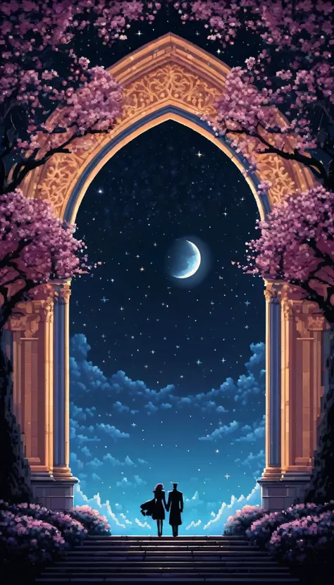 (Symmetric:1.6), ((Rear view of a graceful Gothic arch)), (Pixel art:1.3), (Close-up shot:1.3), (A noble couple on a long journey through space), (Gothic architecture), (Cherry tree), Moonlit Starry Sky, 