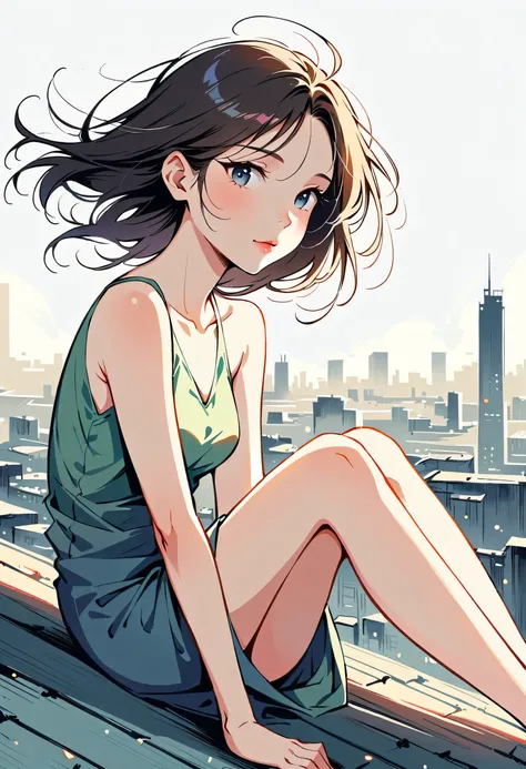 Stand on the rooftop，(((The most beautiful girl))), Lips in Love，Simple lineinimalism，abstraction，City background