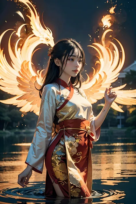 beautiful chinese girl standing on the water, misty reflection, a huge sacred phoenix in the sky, magic, fantasy, dynamic gestur...