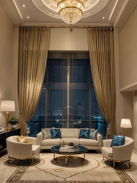 A luxurious modern living room features a large, elegant chandelier with cascading crystals hanging from the ceiling. Beneath, a spacious white sectional sofa adorned with blue and beige cushions faces a sleek, round coffee table with a marble top and gold...