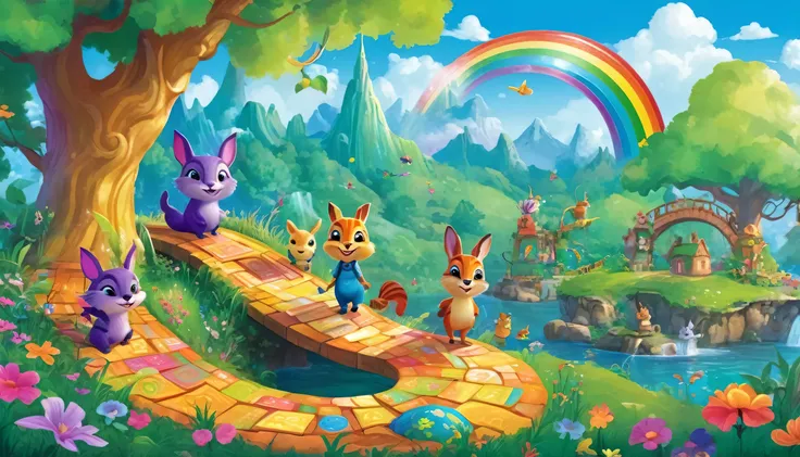 "Generate a colorful and enchanting background scene filled with vibrant characters and imaginative elements. Depict children joyfully exploring together in a whimsical world of words, accompanied by playful creatures, magical landscapes, and delightful de...