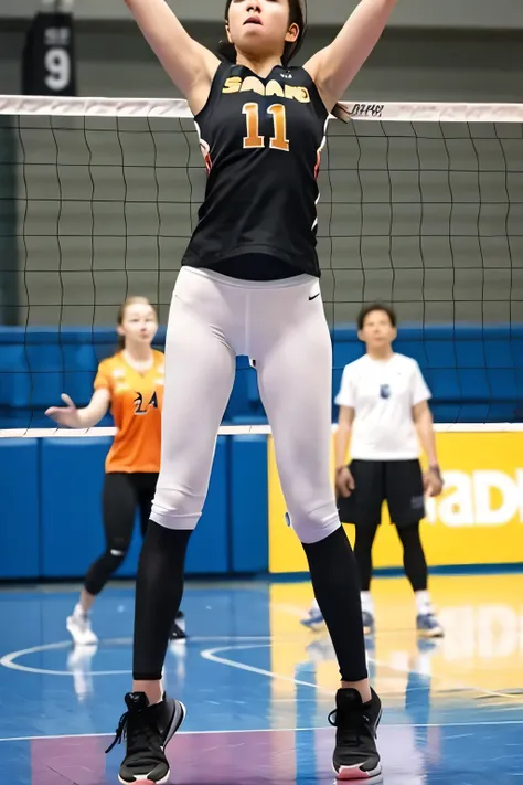 Tall girl, leggings, volleyball, short boy