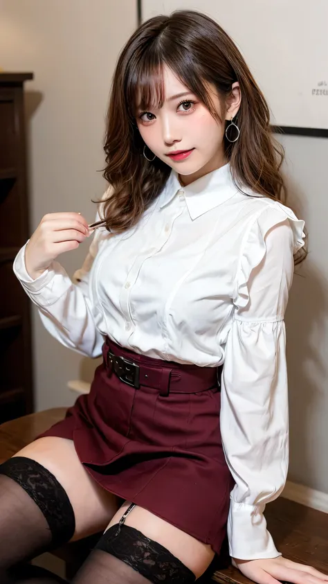 Tabletop, highest quality, shape, Very detailed, finely, High resolution, 8k wallpaper, Perfect dynamic composition, Finely beautiful eyes, Ruffled blouse,skirt,((Knee socks)),Medium Hair,Natural color lip, 21 years old、cute、F Cup、Brown Hair、Band Stage,Ear...