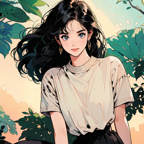 whole body、Kind Face、1 pretty woman、Short sleeve sweater、skirt、Leaning against a big tree、Complex background、Detailed Hair、Black Hair、Faint lighting、smile