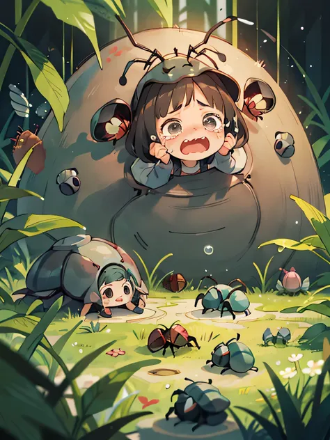 Monoko Sakura style, Kawaii Design, most beautiful girl ever、Chibi, Colorful bob hair、((Lots of friends))、(((Cute pillbug)))、Totoro Forest, (((Crying pillbug))), (((tears)))