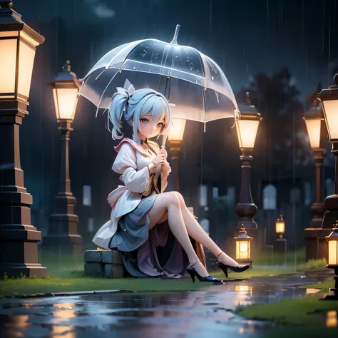 (extremely detailed cg unity 8k wallpaper), beautiful young woman in the rain, skirt, sit, cemetery with lanterns, style empire,...