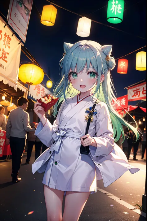 index, index, (Green Eyes:1.5), Blue Hair, Long Hair, (Flat Chest:1.2),smile,blush,Happy atmosphere,Open your mouth,Long Hair,Hair Bun, double  Hair Bun,White bathrobe,Long sleeve,mini skirt,Sandals,night空の花火,Fireworks display,Japanese Festivals,Summer fes...