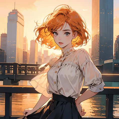 whole body、Kind Face、1 pretty woman、blouse、skirt、Pedestrian bridge、skyscraper、Sunset、Complex background、Detailed Hair、pale orange hair、Faint lighting、short hair length、There is movement