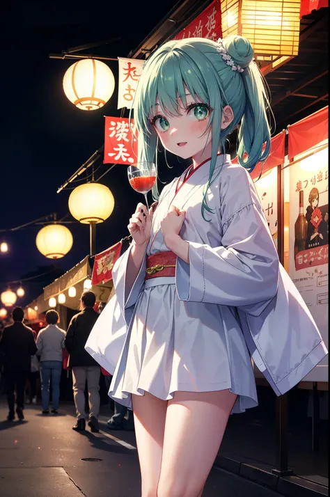 index, index, (Green Eyes:1.5), Blue Hair, Long Hair, (Flat Chest:1.2),smile,blush,Happy atmosphere,Open your mouth,Long Hair,Hair Bun, double  Hair Bun,White bathrobe,Long sleeve,mini skirt,Sandals,night空の花火,Fireworks display,Japanese Festivals,Summer fes...